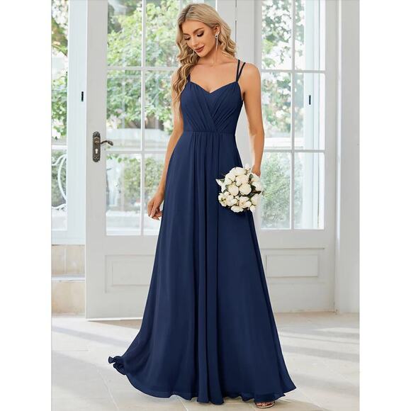 Azazie A-Line Pleated Chiffon Bridesmaid Dress Lace V Back in Navy Blue, Size A8 - Picture 7 of 13